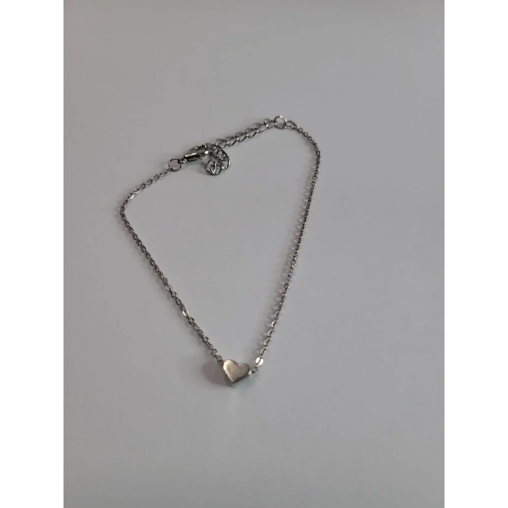 Silver-Tone Dainty Heart Charm Chain Bracelet or Anklet Adjustable Minimalist